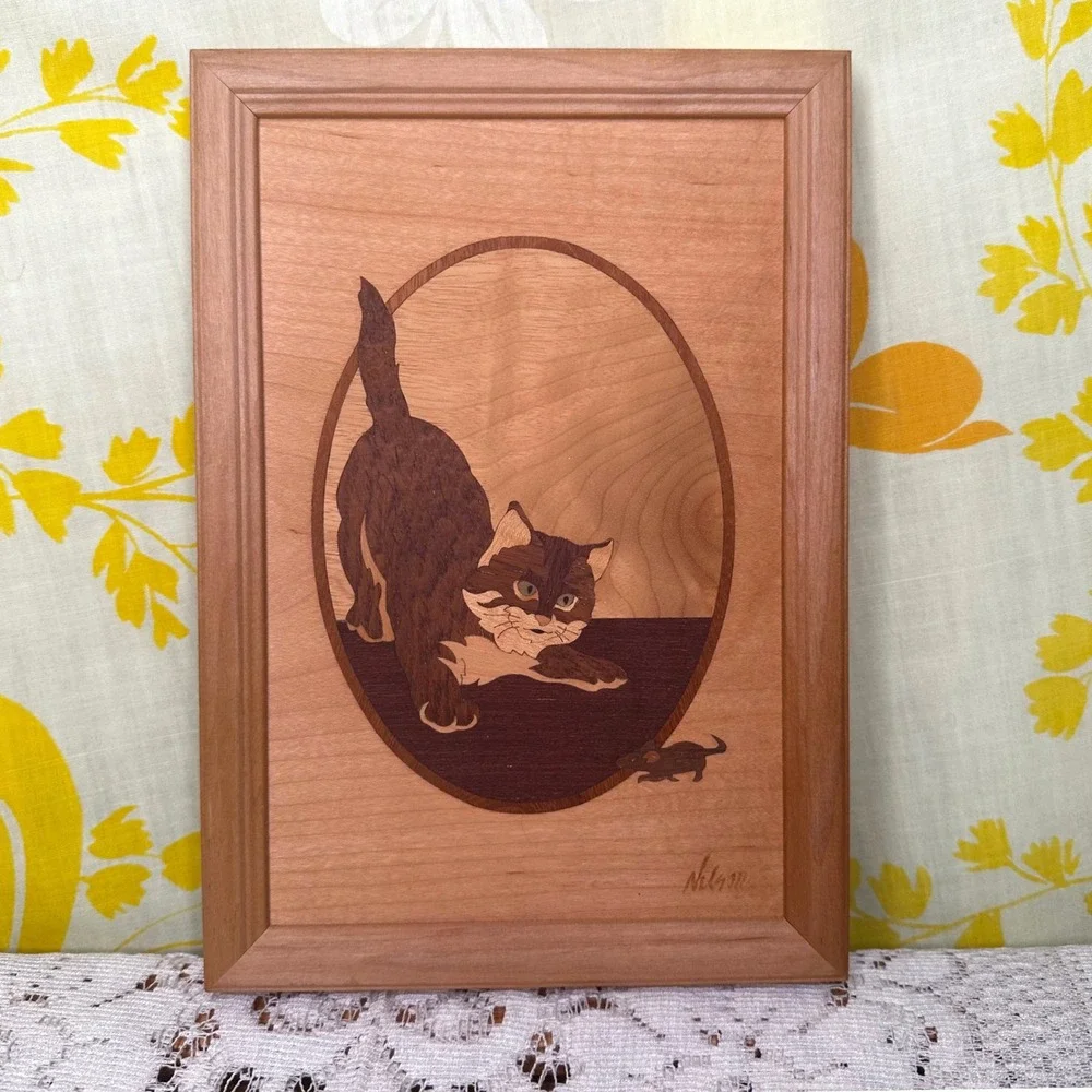 Hudson River Inlay Nelson Marquetry Wood Art Cat Mouse A Better Mousetrap 9x6